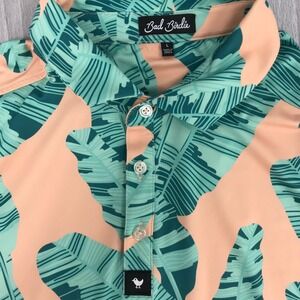 Bad Birdie Mens Golf Polo Shirt Large Peach Green Tropical Banana Leaf Print L